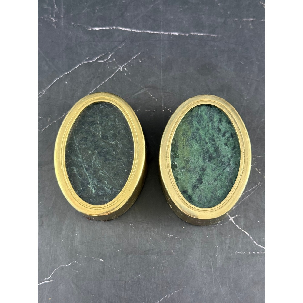 Vintage PAIR (2) of Oval Brass and Stone Paperweights 2X3 Felt Backed